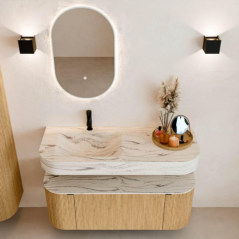 MONDIAZ THOR-DLUX 120cm badmeubel ronding links + rechts kleur Oak met 1 lade en 2 deuren. Vrijhangende wastafel CLOUD Links 1 kraangat kleur Nata. SW1463364