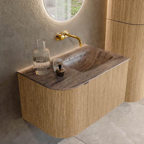 MONDIAZ KURVE-DLUX meuble de salle de bains 75cm arrondi à gauche couleur chêne avec 1 tiroir et 1 porte. Lavabo GRUNNE à droite sans trou de robinet Oza. SW1432594