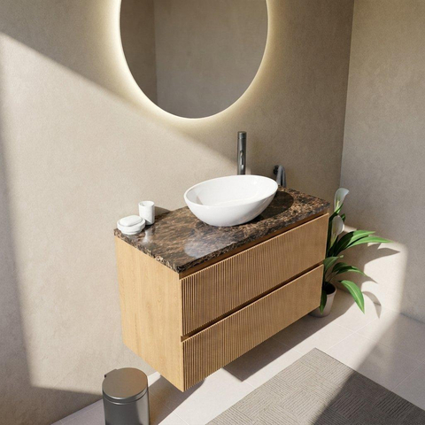 Saniclass Holz Atelier Ensemble meuble de salle de bains - 100x45x63cm - Noche plateau en pierre naturelle dark emperador - 1 trou de robinet - 2 tiroirs - chêne natural mat (bois) SW1478289