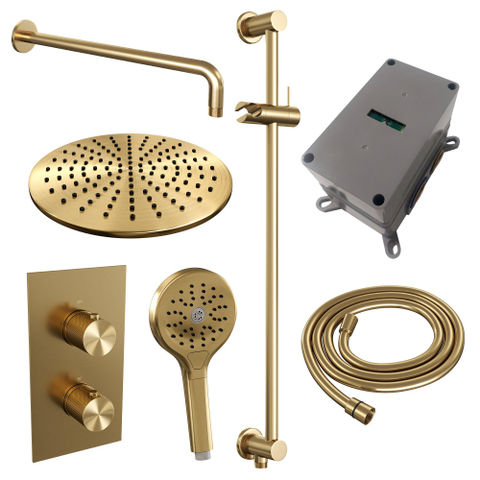 Brauer Gold Carving Ensemble de douche pluie encastré - douche principale 30cm - bouton Carving - douchette ronde 3 positions - glissière - PVD - or brossé - SW715472