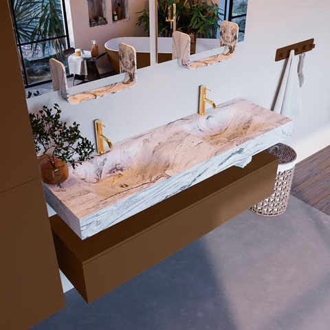 Mondiaz ALAN-DLUX Ensemble de meuble - 150cm - meuble Rust mat - 1 tiroir - Lavabo Cloud Glace suspendu - vasque Gauche et droite - 2 trous de robinet SW805845