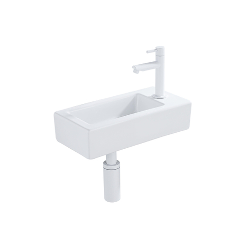 QeramiQ Fuente pack lave-mains – 37,5 x 18,5 x 9 cm – céramique blanc brillant – perçage à droite – robinet blanc mat SW1232736