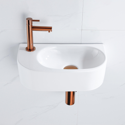 QeramiQ Fuente fonteinset – 40x21.5x12 cm – keramiek wit glans – kraangat links – geborsteld koperen kraan SW1232833