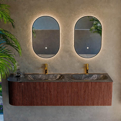 Mondiaz KURVE-DLUX Ensemble meuble de salle de bains - 165x46x40cm - 2 tiroirs - 1 porte - vasque solid surface - double / droite - 2 trous de robinet - Ruby SW1416020