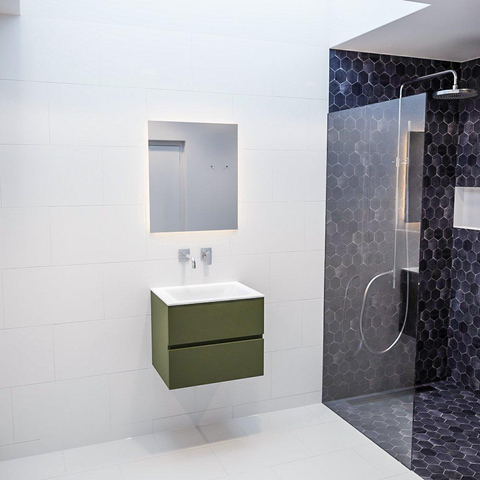 ENSEMBLE DE MEUBLE MONDIAZ VICA - 60cm - 2 tiroirs - lavabo Cloud central - 0 trous de robinet - solid surface army SW410068