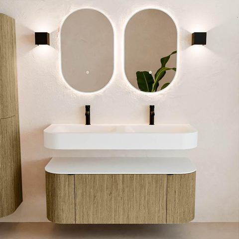 MONDIAZ THOR Meuble de salle de bains 120cm arrondi gauche + droite couleur Dusk avec 1 tiroir et 2 portes. Vasque suspendue CLOUD Double 2 trous de robinet couleur Talc. SW1463239