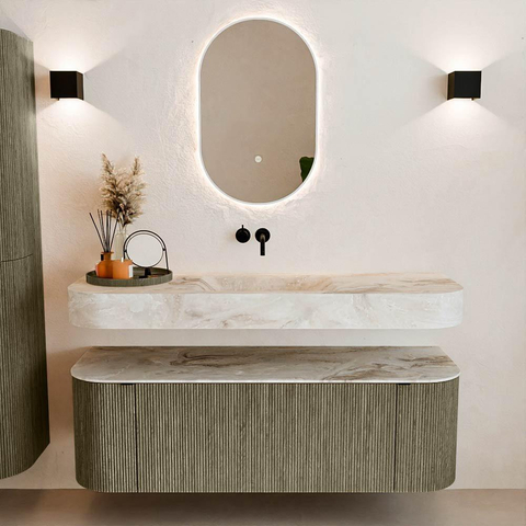 MONDIAZ THOR-DLUX 140cm meuble de salle de bains arrondi gauche + droite couleur Shadow avec 1 tiroir et 2 portes. Vasque suspendue CLOUD Milieu sans trou de robinet couleur Frappe. SW1464153