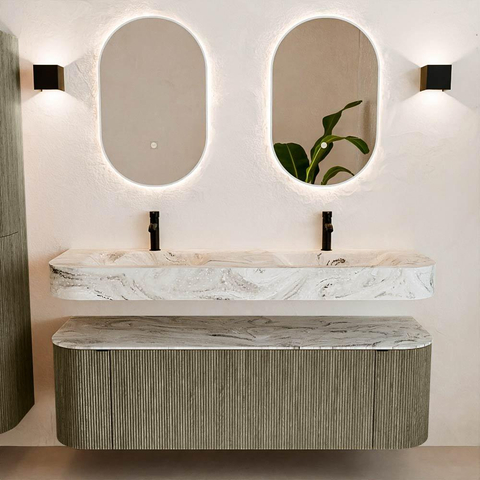 MONDIAZ THOR-DLUX 150cm meuble de salle de bains arrondi gauche + droite couleur Shadow avec 1 tiroir et 2 portes. Vasque suspendue CLOUD Double 2 trous de robinet couleur Glace. SW1467672