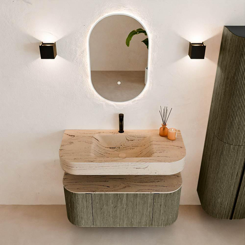 MONDIAZ THOR-DLUX Meuble de salle de bains - 100cm - arrondi gauche + droite - couleur Shadow - 1 tiroir - 2 portes - Vasque suspendue CLOUD Milieu 1 trou de robinet couleur Arena SW1467466