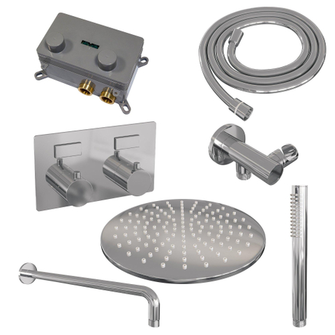 BRAUER Chrome Edition Douche de tête thermostatique encastrée - boutons-poussoirs - SET 52 - douche de tête 30cm - bras mural courbé - douchette barre - flexible de douche - coude de raccordement mural - chromé SW925536