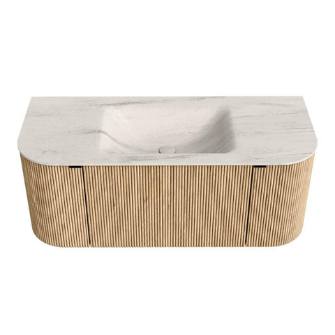 MONDIAZ KURVE-DLUX Meuble de salle de bains 110cm arrondi Gauche + Droite couleur Chêne avec 1 tiroir et 2 portes. Lavabo CLOUD Central 1 trou de robinet Meli. SW1431591