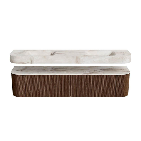 MONDIAZ THOR-DLUX 200cm badmeubel ronding links + rechts kleur Walnut met 2 lades en 2 deuren. Vrijhangende wastafel CLOUD Dubbel 2 kraangaten kleur Frappe. SW1466975