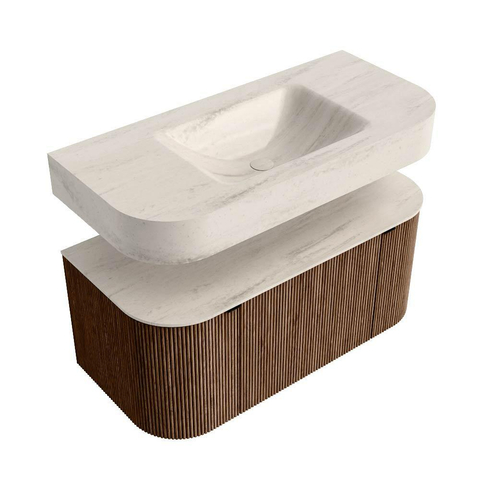 MONDIAZ THOR-DLUX 100cm meuble de salle de bains arrondi gauche + droite couleur Walnut avec 1 tiroir et 2 portes. Vasque suspendue CLOUD Milieu sans trou de robinet couleur Meli. SW1467472