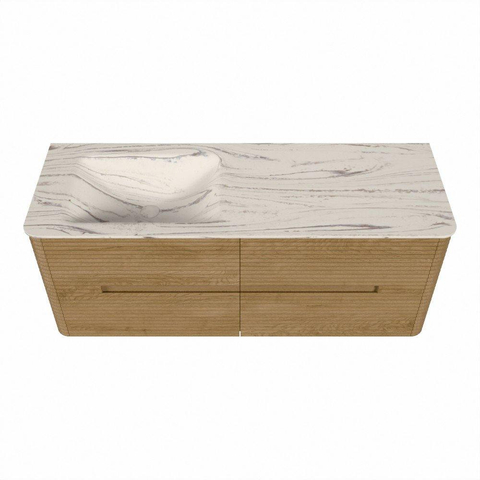 Mondiaz CIRO-DLUX Meuble de salle de bains - 130x45x50cm - Vasque en solid surface Nata - 1 lavabo à gauche - 1 trou de robinetterie - 4 tiroirs - Chêne SW1531441