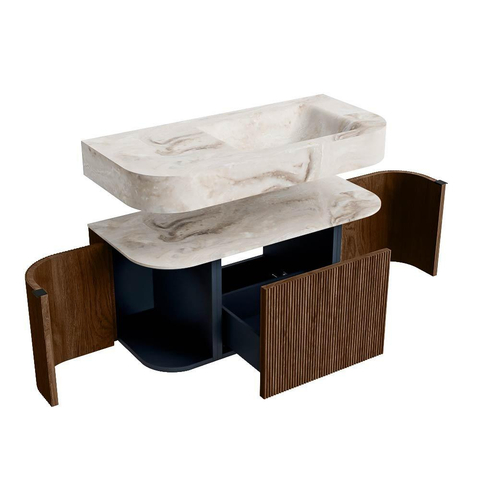 MONDIAZ THOR-DLUX Meuble de salle de bains 100cm arrondi gauche + droite couleur Walnut avec 1 tiroir et 2 portes. Vasque suspendue CLOUD Droite 1 trou de robinet couleur Frappe. SW1467338