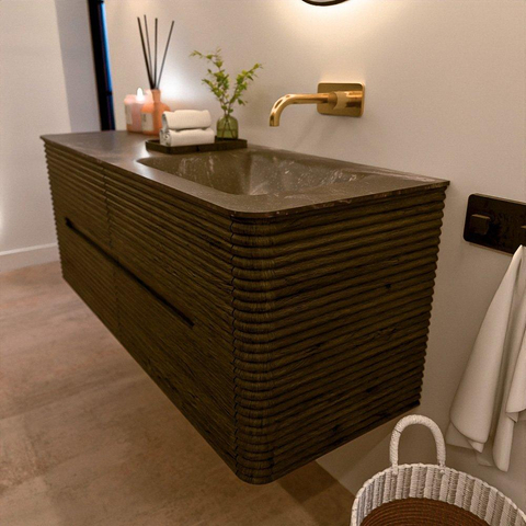 Mondiaz CIRO-DLUX Meuble de salle de bains complet - 130x45x50cm - Plan vasque solid surface Lava - 1 lavabo à droite - sans trous de robinet - 4 tiroirs - Shadow SW1532274