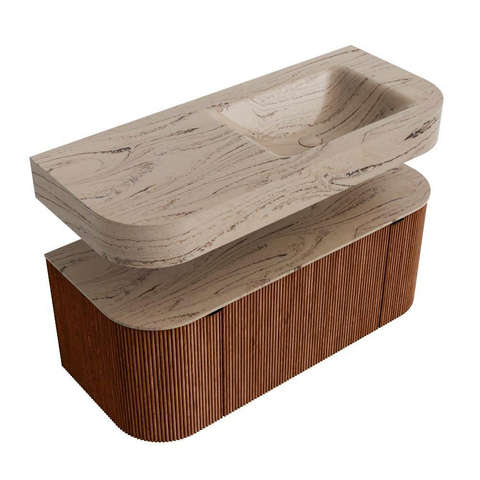 MONDIAZ THOR-DLUX 110cm meuble de salle de bains arrondi gauche + droite couleur Ruby avec 1 tiroir et 2 portes. Vasque suspendue CLOUD droite sans trou de robinet couleur Arena. SW1462904