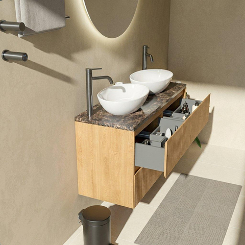 Saniclass Holz Atelier Badkamermeubelset - 120x45x63cm - Noche natuurstenen topblad dark emperador - 2 kraangaten - 4 lades - mat eiken natural (hout) SW1478310