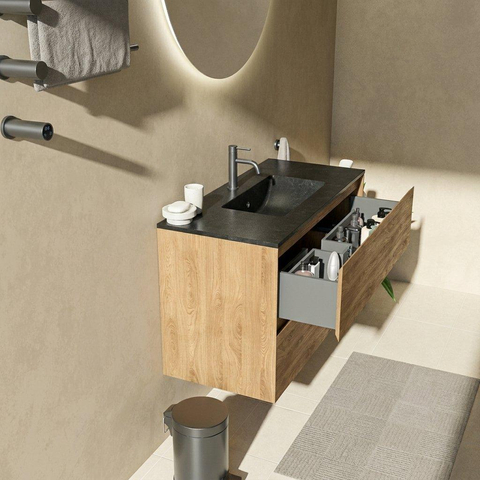 Saniclass Holz Pure Badkamermeubelset - 100x45x62cm - Vygo keramische wastafel zwart - 1 wasbak - 1 kraangat - 2 lades - mat eiken natural (hout) SW1478976