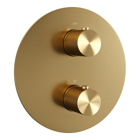 BRAUER Gold Carving mitigeur thermostatique encastré douche pluie - 3 voies - rond - ensemble 83 - douche principale 20cm - bras plafond - douchette 3 positions - flexible de douche - coude mural - or brossé PVD SW1159056