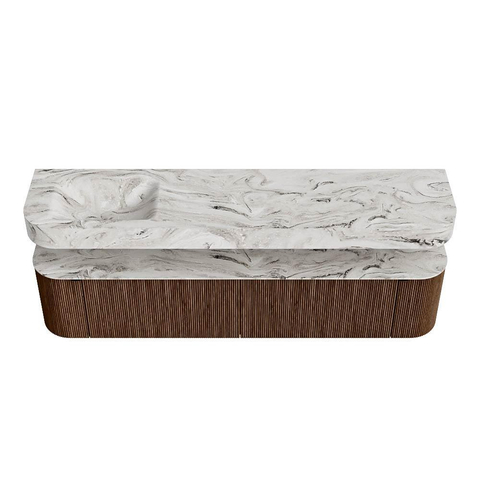 MONDIAZ THOR-DLUX 200cm badmeubel ronding links + rechts kleur Walnut met 2 lades en 2 deuren. Vrijhangende wastafel CLOUD Links zonder kraangat kleur Glace. SW1466988