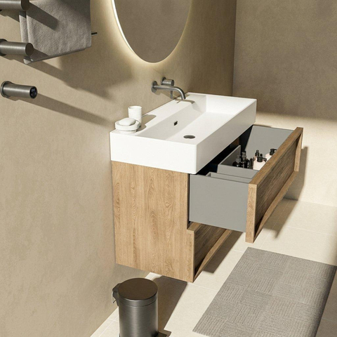 Saniclass Holz Frame Badkamermeubelset - 100x45x72cm - Legend keramische wastafel mat wit - 1 wasbak - zonder kraangat - 2 lades - mat eiken natural (hout) SW1580072