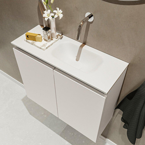 MONDIAZ TURE Fonteinset - 60x23x50cm - 0 kraangaten - 2 deuren - linen mat - Wasbak rechts - Solid Surface Wit SW475082