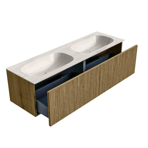 MONDIAZ KURVE-DLUX Meuble de salle de bains 150cm couleur Dusk avec 2 tiroirs et 0 portes. Lavabo STOR SMALL Double 2 trous de robinet Meli. SW1431943