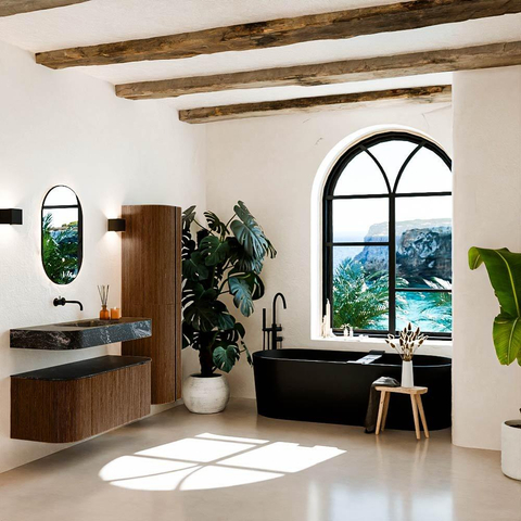 MONDIAZ THOR-DLUX 110cm meuble de salle de bains arrondi gauche + droite couleur Walnut avec 1 tiroir et 2 portes. Vasque suspendue CLOUD Milieu sans trou de robinet couleur Lava. SW1462754