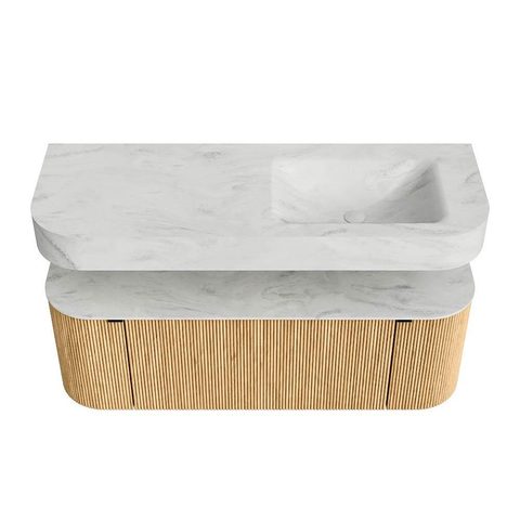 MONDIAZ THOR-DLUX 130cm meuble de salle de bains arrondi gauche + droite couleur Oak avec 1 tiroir et 2 portes. Vasque suspendue CLOUD Droite 1 trou de robinet couleur Opalo. SW1463576