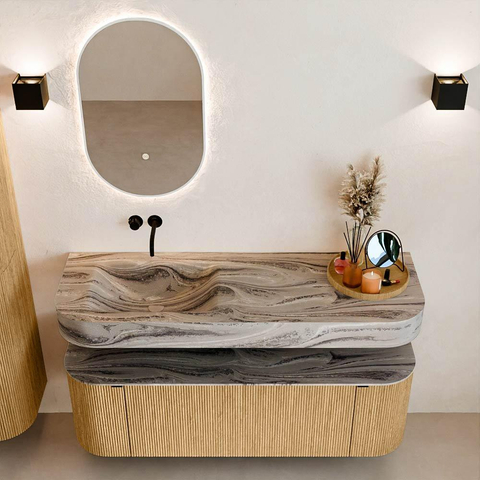 MONDIAZ THOR-DLUX 140cm meuble de salle de bains arrondi gauche + droite couleur Oak avec 1 tiroir et 2 portes. Vasque suspendue CLOUD Gauche sans trou de robinet couleur Sombra. SW1464348