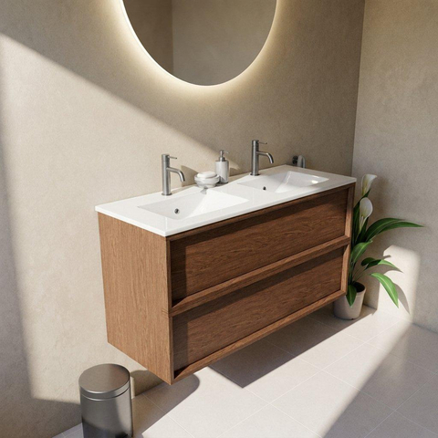 Saniclass Holz Frame Ensemble meuble de salle de bains - 120x45x62cm - Lavabo en céramique Vygo blanc - 2 vasques - 2 trous de robinetterie - 2 tiroirs - walnut pure mat (bois) SW1579940