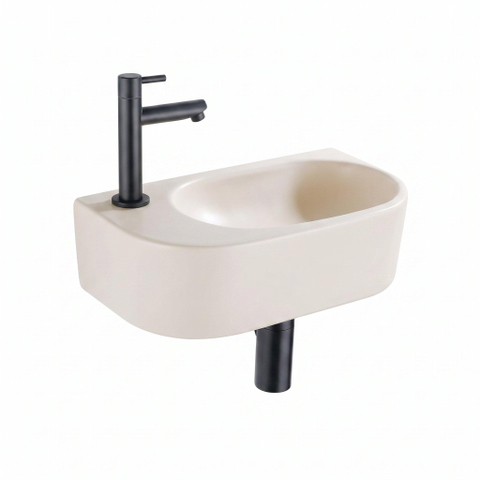 QeramiQ Fuente Fontein - 38x18.5x9cm - keramiek - fonteinkraangat links - fonteinkraan zwart mat - verlaagd sifon - afvoerplug - linnen SW1582101
