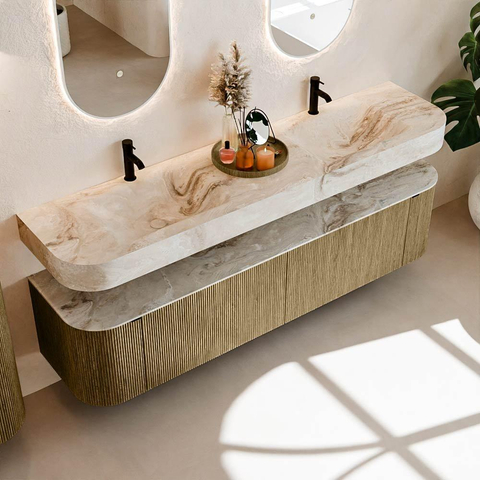 MONDIAZ THOR-DLUX 190cm meuble de salle de bains arrondi gauche + droite couleur Dusk avec 2 tiroirs et 2 portes. Vasque suspendue CLOUD Double 2 trous de robinet couleur Frappe. SW1466455
