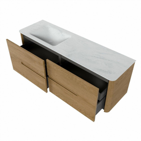Mondiaz CIRO-DLUX Ensemble de meubles de salle de bains - 150x45x50cm - vasque solid surface Opalo - 1 bassin à gauche - sans trous de robinet - 4 tiroirs - Chêne SW1531040