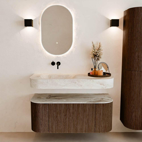 MONDIAZ THOR-DLUX 110cm badmeubel ronding links + rechts kleur Walnut met 1 lade en 2 deuren. Vrijhangende wastafel CLOUD Links zonder kraangat kleur Frappe. SW1462788
