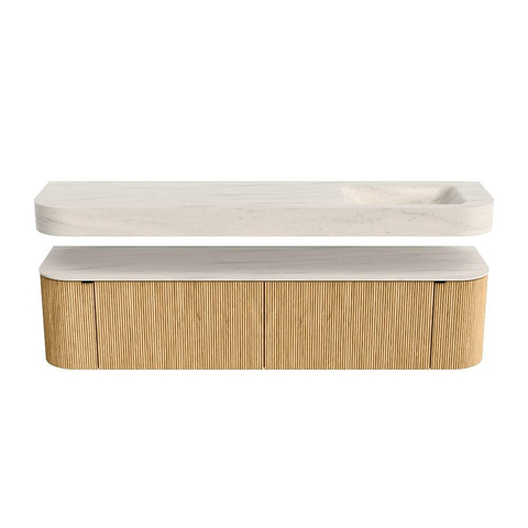 MONDIAZ THOR-DLUX Meuble de salle de bains 190cm arrondi gauche + droite couleur Oak avec 2 tiroirs et 2 portes. Vasque suspendue CLOUD Droite sans trou de robinet couleur Meli. SW1466719
