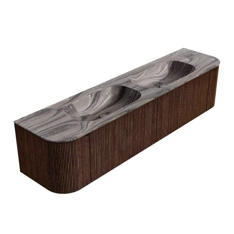 MONDIAZ KURVE-DLUX Meuble de salle de bains 190cm arrondi Gauche + Droite couleur Walnut avec 2 tiroirs et 2 portes. Plan vasque STOR SMALL Double sans trou de robinet Sombra. SW1433708