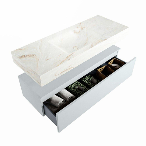 Mondiaz ALAN-DLUX Ensemble de meuble - 120cm - meuble Clay mat - 1 tiroir - Lavabo Cloud Frappe suspendu - vasque Centre - 1 trou de robinet SW805116