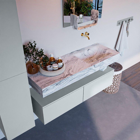 Mondiaz ALAN-DLUX Ensemble de meuble - 130cm - meuble Clay mat - 2 tiroirs - Lavabo Cloud Glace suspendu - vasque Droite - 0 trous de robinet SW806426