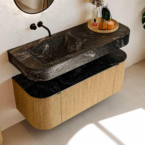 MONDIAZ THOR-DLUX 120cm meuble de salle de bains arrondi gauche + droite couleur Oak avec 1 tiroir et 2 portes. Vasque suspendue CLOUD Gauche sans trou de robinet couleur Lava. SW1463089