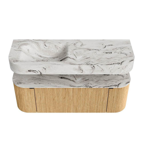 MONDIAZ THOR-DLUX 130cm badmeubel ronding links + rechts kleur Oak met 1 lade en 2 deuren. Vrijhangende wastafel CLOUD Links 1 kraangat kleur Glace. SW1463550