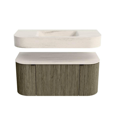 MONDIAZ THOR-DLUX 100cm meuble de salle de bains arrondi gauche + droite couleur Shadow avec 1 tiroir et 2 portes. Vasque suspendue CLOUD Centre sans trou de robinet couleur Meli. SW1467489