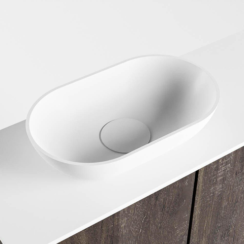 Meuble de toilette Mondiaz Fowy 60x50x23cm marron foncé mat 0 trou de robinet lavabo : gauche 2 portes solid surface avec plan Melamine couleur lavabo : blanc SW761366