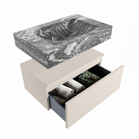 Mondiaz ALAN-DLUX Ensemble de meuble - 70cm - meuble Linen mat - 1 tiroir - Lavabo Cloud Lava suspendu - vasque Centre - 0 trous de robinet SW807998