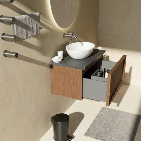 Saniclass Holz Frame Ensemble de meubles de salle de bains - 80x45x43cm - plan vasque en basalte Noche poli (noir) - sans trou de robinetterie - 1 tiroir - walnut pure mat (bois) SW1478537