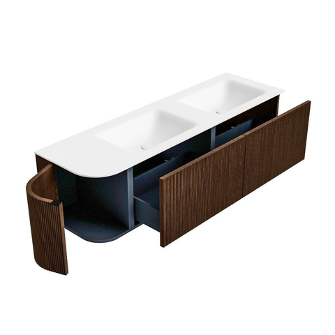 MONDIAZ KURVE Meuble de salle de bains 155 cm avec module 25 L couleur Walnut avec 2 tiroirs et 1 porte. Plan-vasque CLOUD double / droite sans trou de robinet Talc. SW1138369
