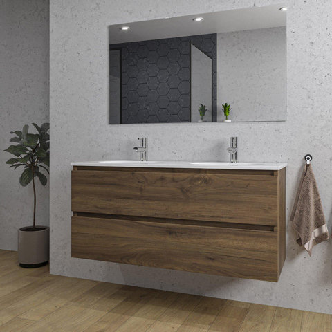 Saniclass Chaci Meuble de salle de bain - 120x46x55cm - lavabo en céramique blanc - 2 vasques ovales - 2 trous de robinet - 2 tiroirs - miroir rectangulaire - noyer (hout) SW724521