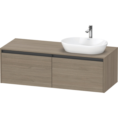 Duravit Ketho.2 Wastafelonderbouwkast - inclusief consoleplaat - met 2 laden - voor waskom rechts - 140x55x45.9cm - met handgrepen antraciet - eiken terra mat SW772370