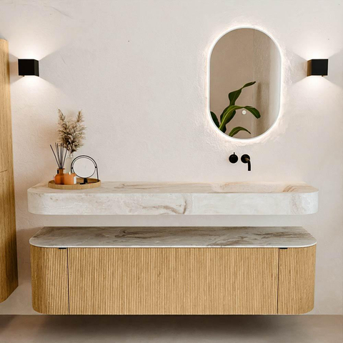 MONDIAZ THOR-DLUX Meuble de salle de bains 170cm arrondi gauche + droite couleur Oak avec 1 tiroir et 2 portes. Vasque suspendue CLOUD Droite sans trou de robinet couleur Frappe. SW1465401